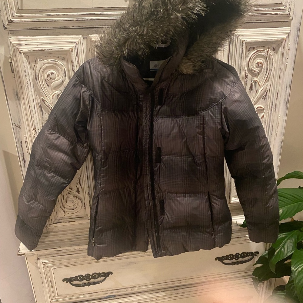 Plaid Puffer Jacket with Faux Fur Hood